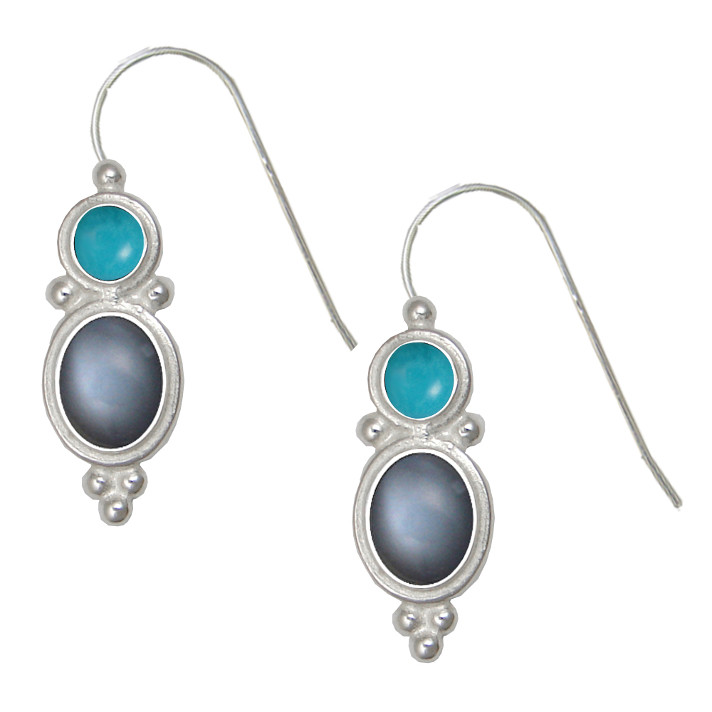 Sterling Silver Drop Dangle Earrings Grey Moonstone And Turquoise